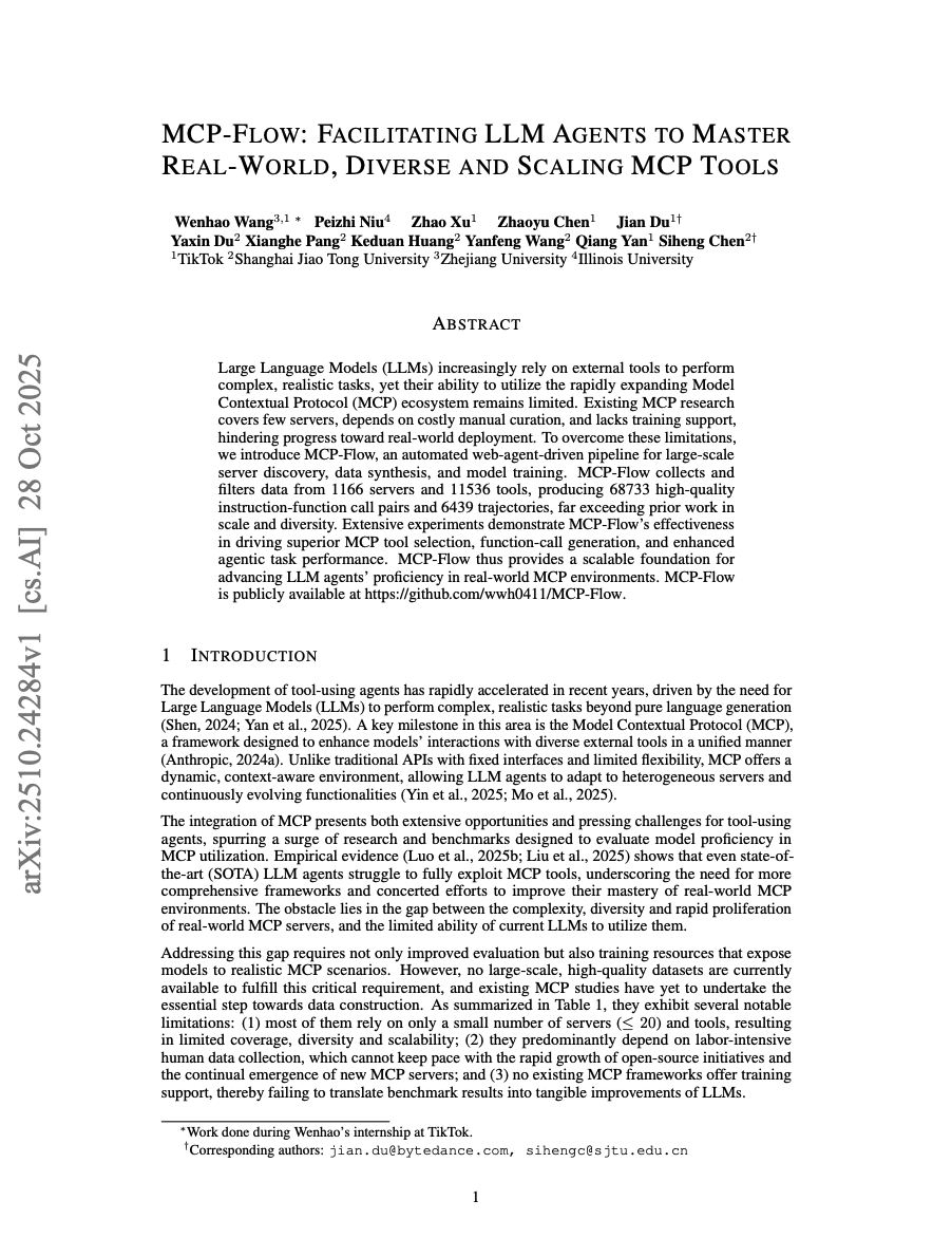 MCP-Flow: Facilitating LLM Agents to Master Real-World, Diverse and Scaling MCP Tools