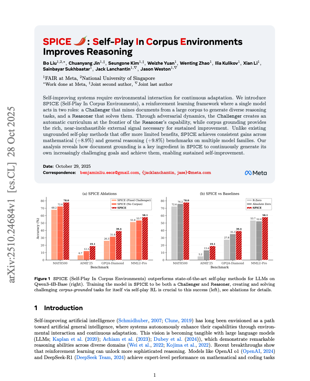 SPICE: Self-Play In Corpus Environments Improves Reasoning
