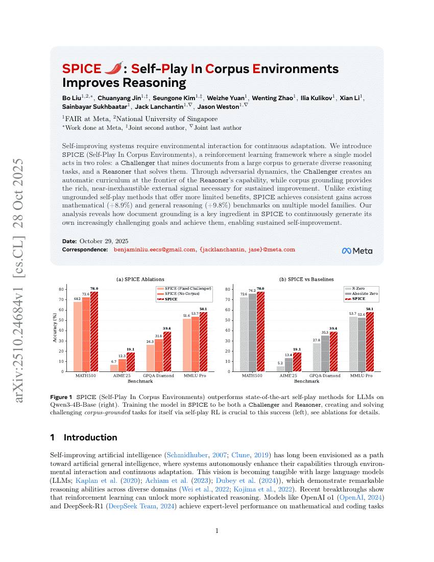 SPICE: Self-Play In Corpus Environments Improves Reasoning