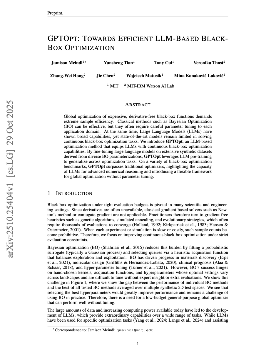 GPTOpt: Towards Efficient LLM-Based Black-Box Optimization