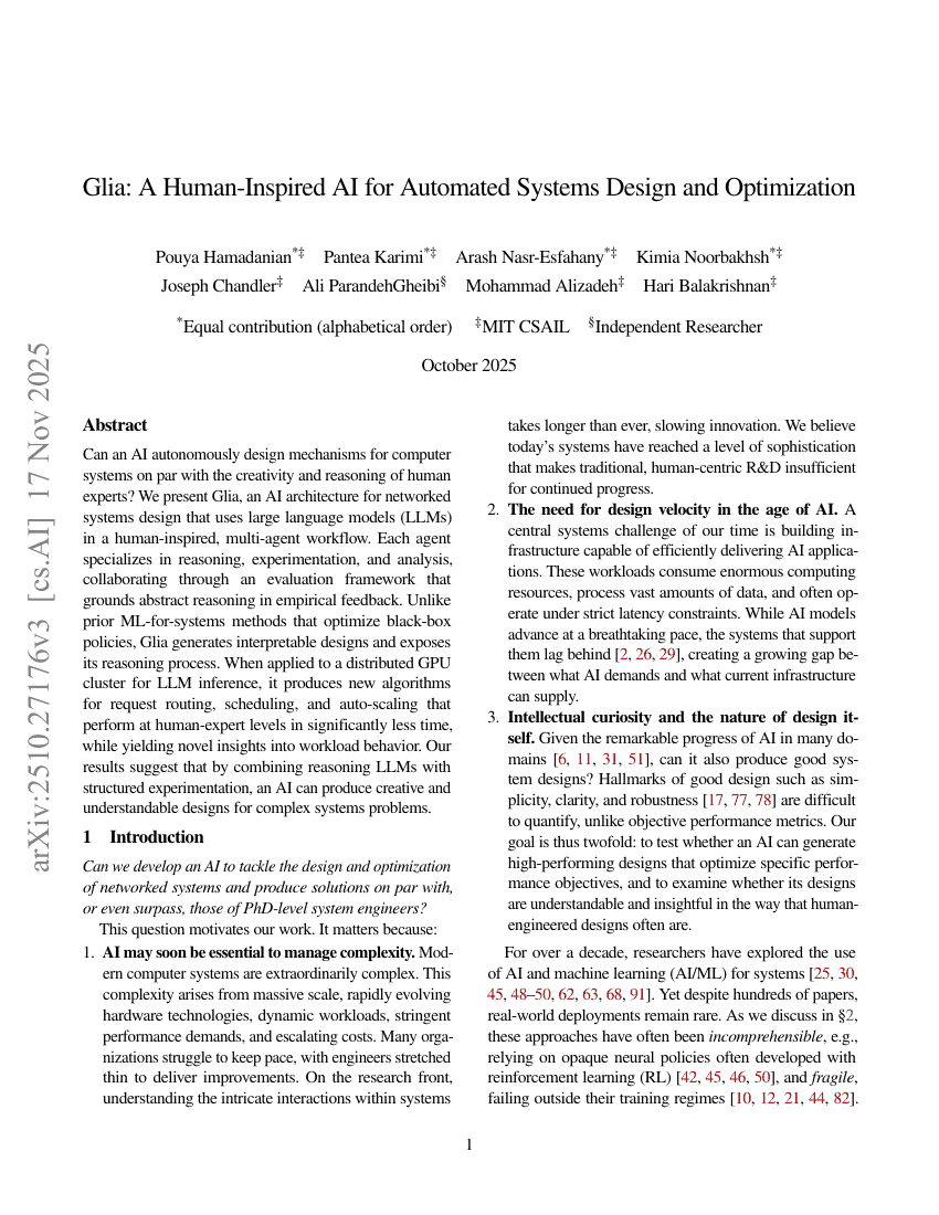 Glia: A Human-Inspired AI for Automated Systems Design and Optimization