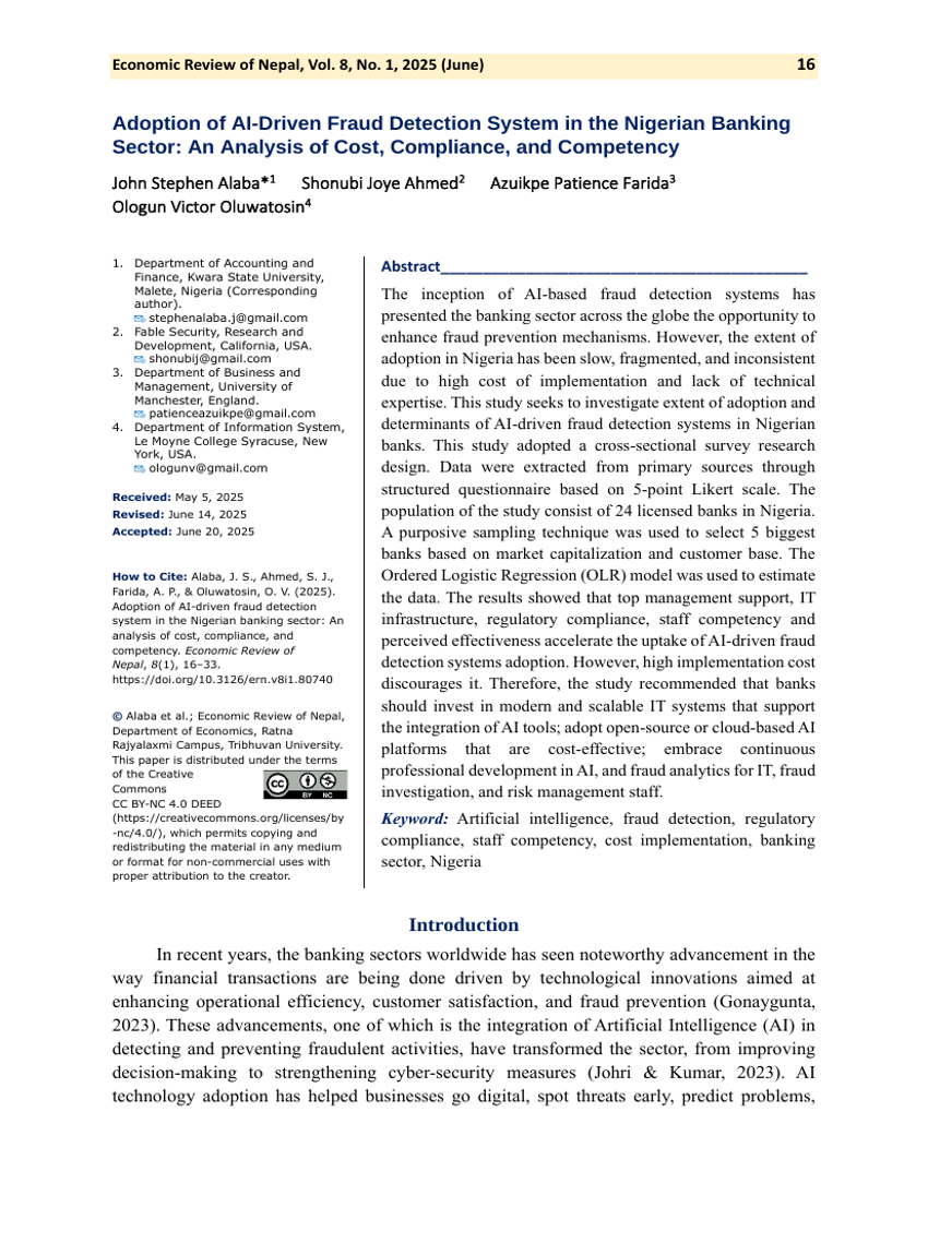 Adoption of AI-Driven Fraud Detection System in the Nigerian Banking Sector: An Analysis of Cost, Compliance, and Competency