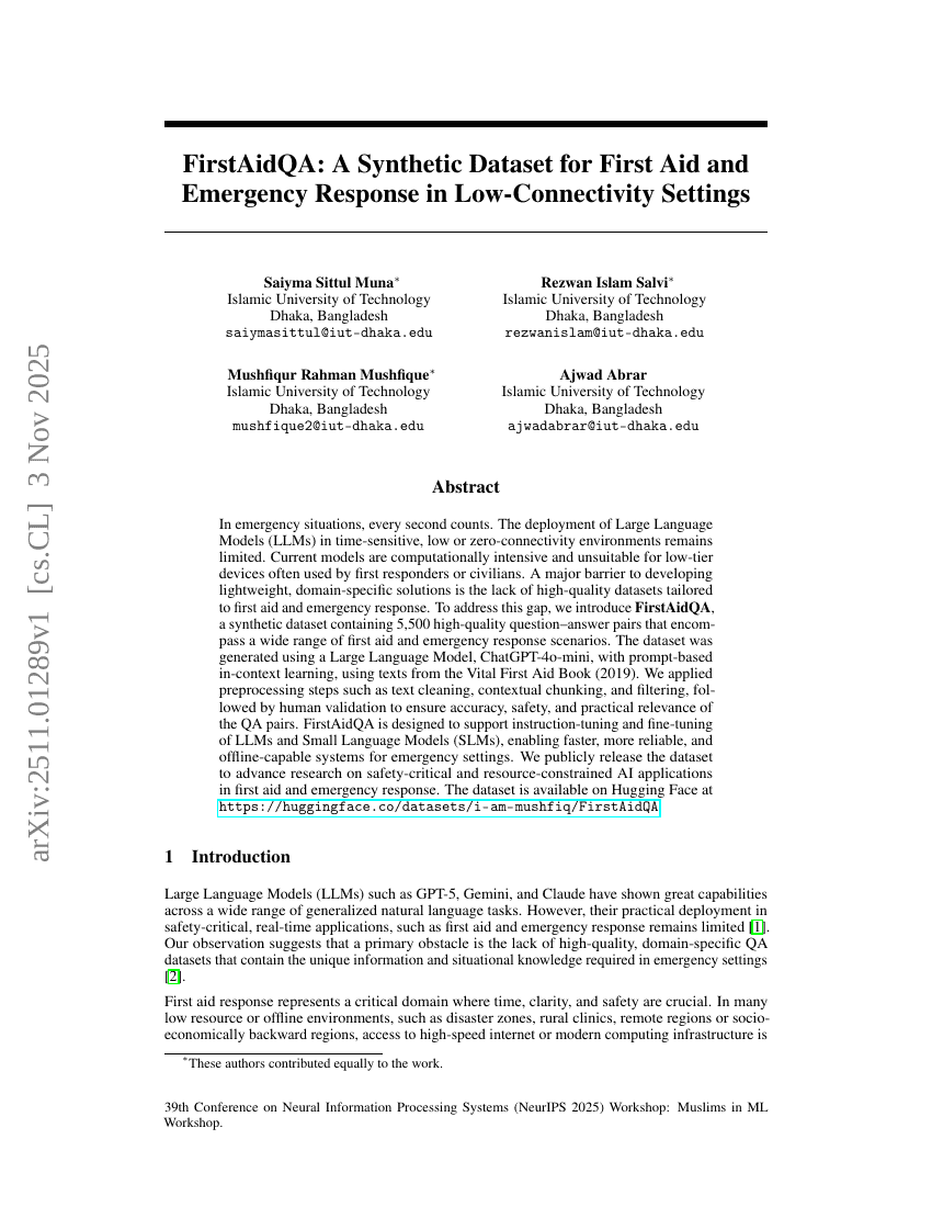 FirstAidQA: A Synthetic Dataset for First Aid and Emergency Response in Low-Connectivity Settings