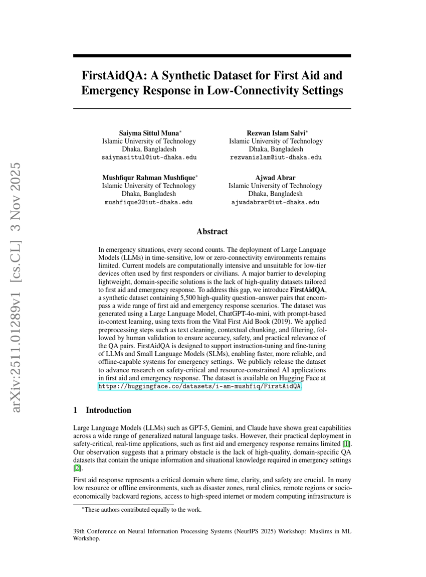 FirstAidQA: A Synthetic Dataset for First Aid and Emergency Response in Low-Connectivity Settings