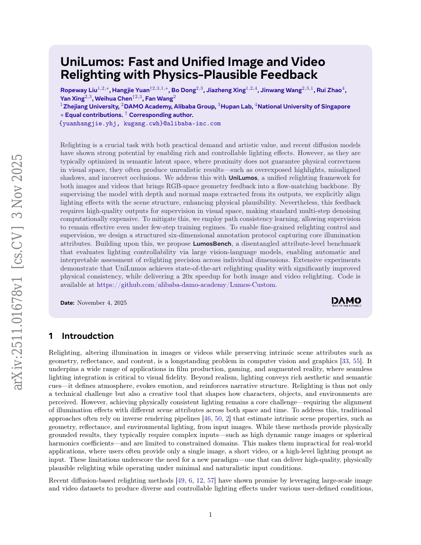 UniLumos：基于物理合理反馈的快速统一图像与视频重光照