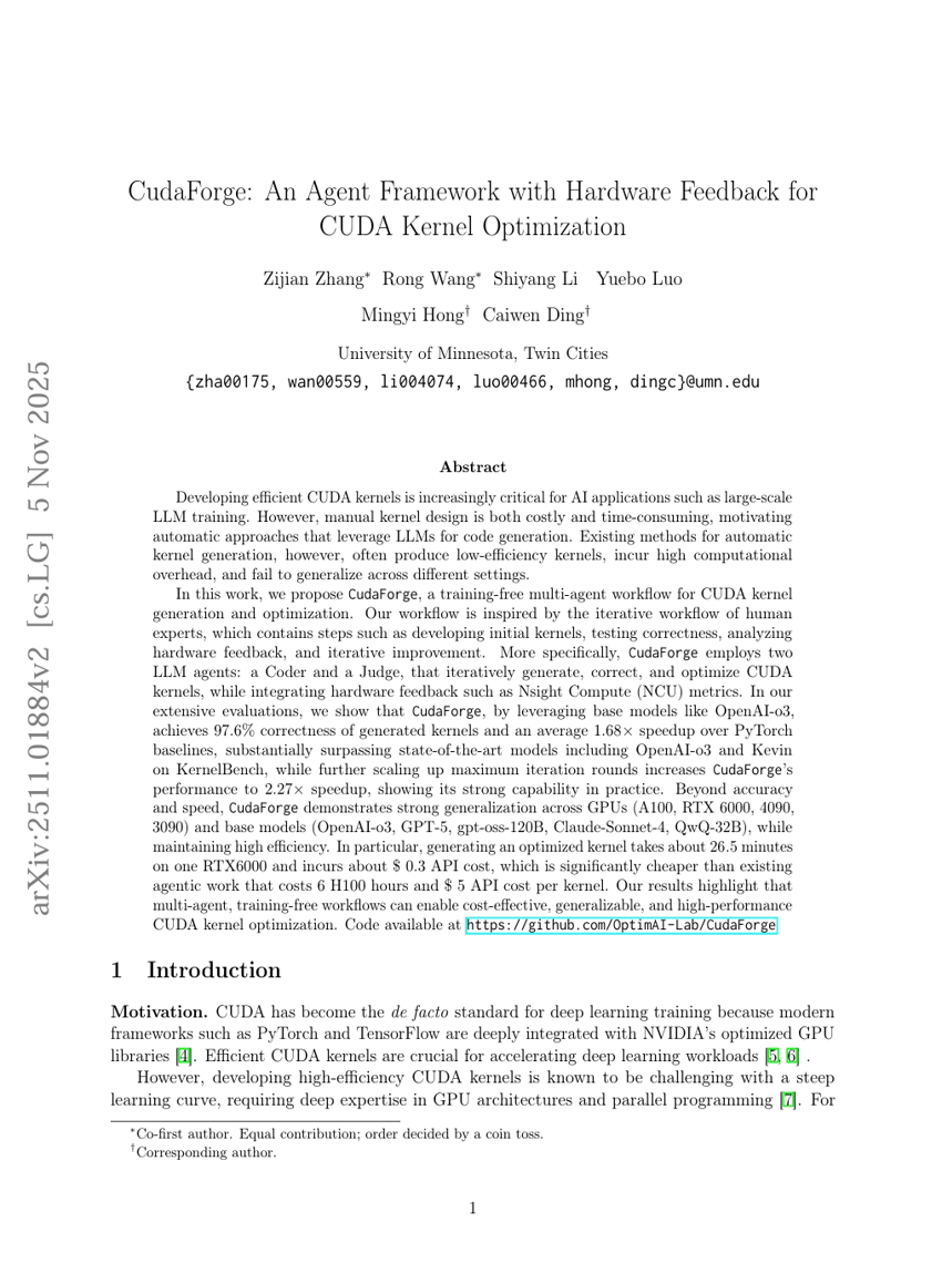 CudaForge: An Agent Framework with Hardware Feedback for CUDA Kernel Optimization