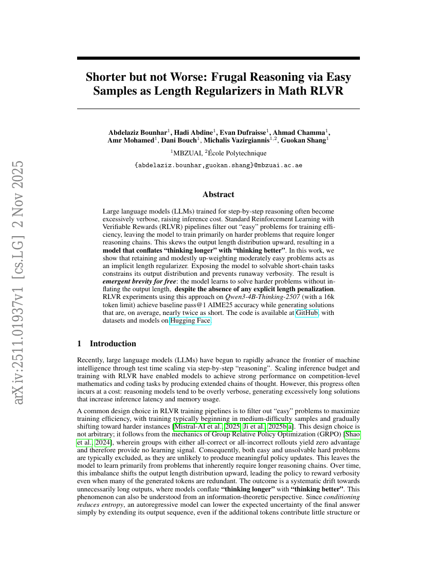 更短但不更差：通过简单样本作为长度正则化项实现数学领域的节俭推理RLVR