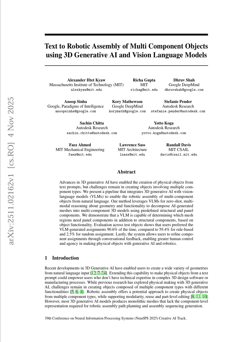 基于3D生成式AI与视觉语言模型的文本到机器人多组件物体装配