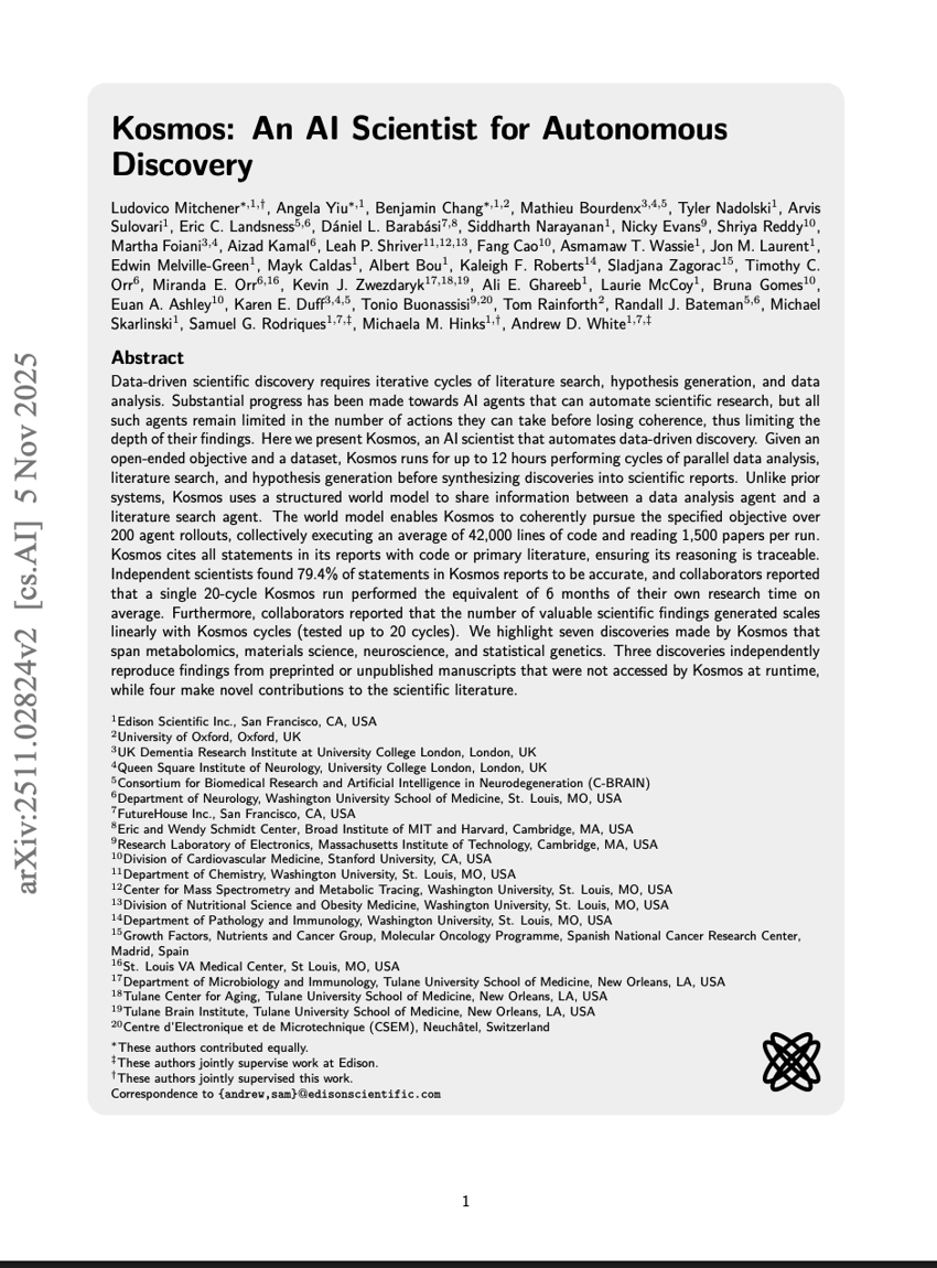 Kosmos：用于自主发现的AI Scientist