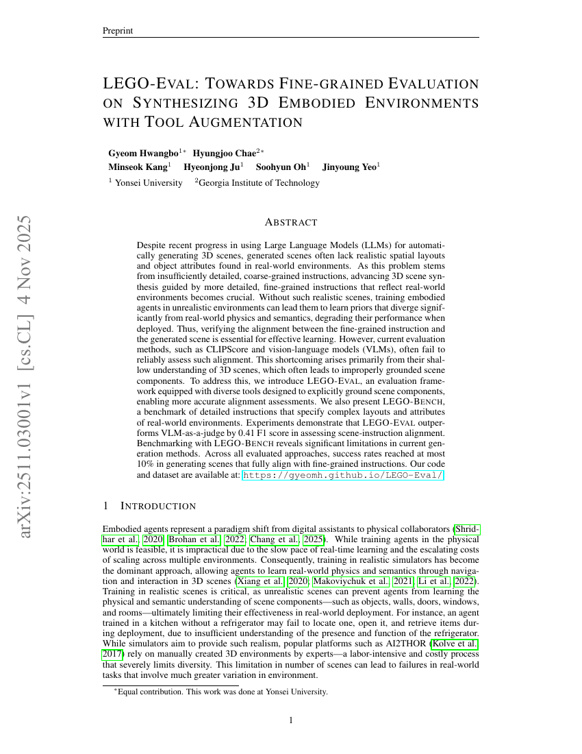 LEGO-Eval: Towards Fine-Grained Evaluation on Synthesizing 3D Embodied
  Environments with Tool Augmentation