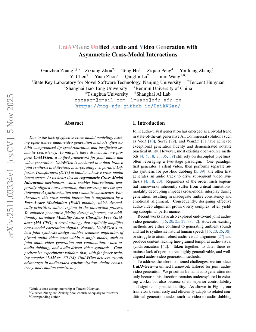 UniAVGen：具有非对称跨模态交互的统一音频与视频生成