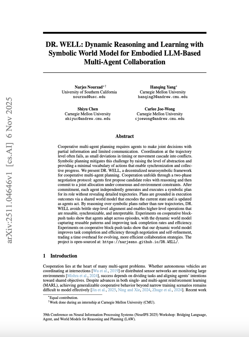 DR. WELL：基于符号世界模型的具身LLM多Agent协作中的动态推理与学习