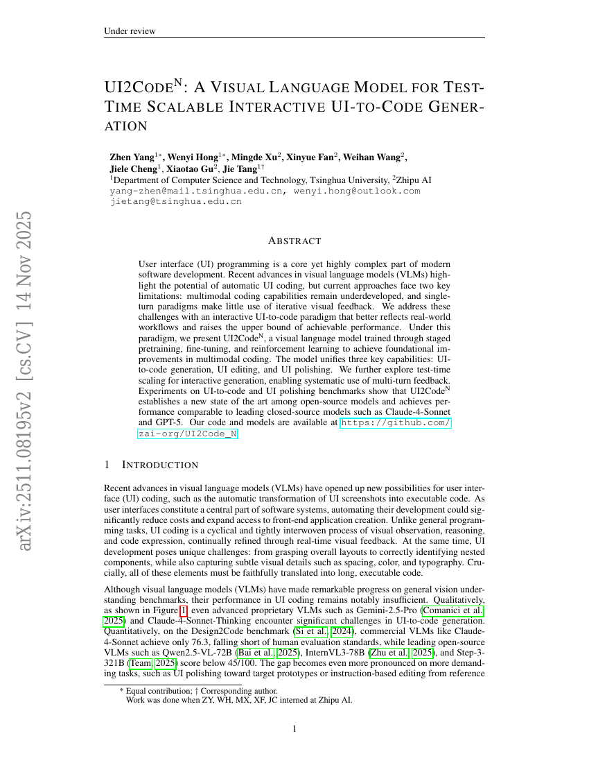 UI2CodeN：一种支持测试时可扩展的交互式UI到代码生成的视觉语言模型