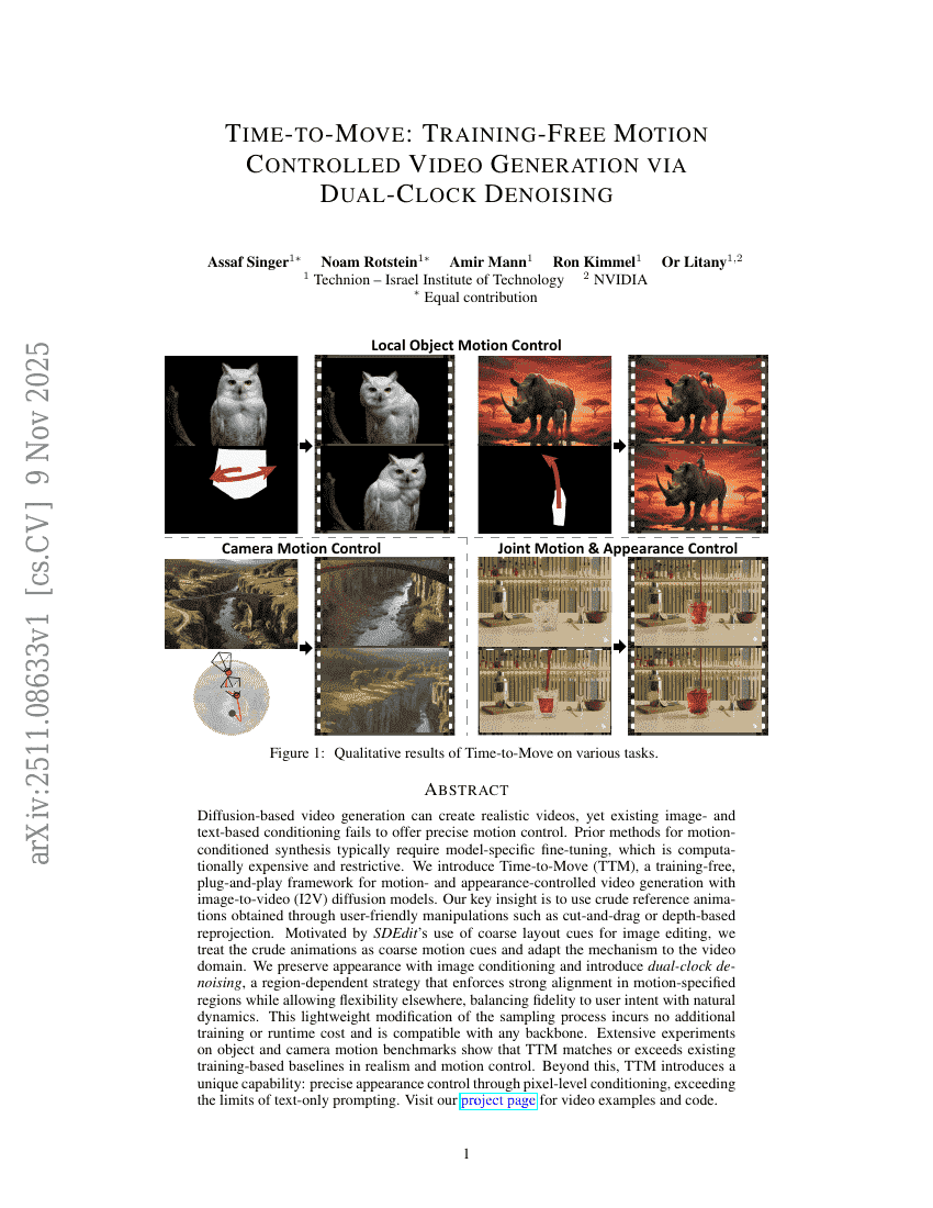Time-to-Move：通过双时钟去噪实现无需训练的运动控制视频生成