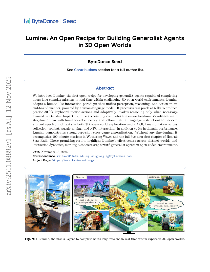 Lumine：在3D开放世界中构建通用Agent的开源方案
