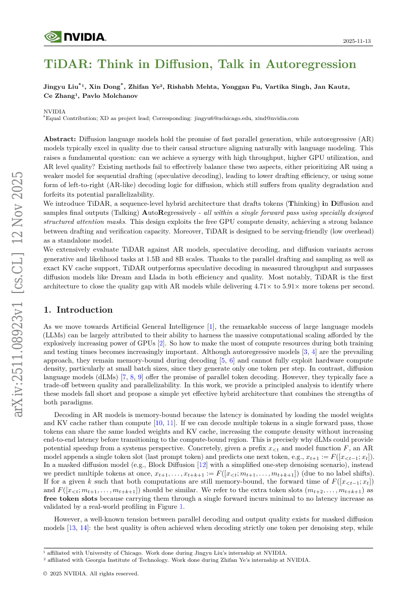 TiDAR：在扩散中思考，在自回归中表达