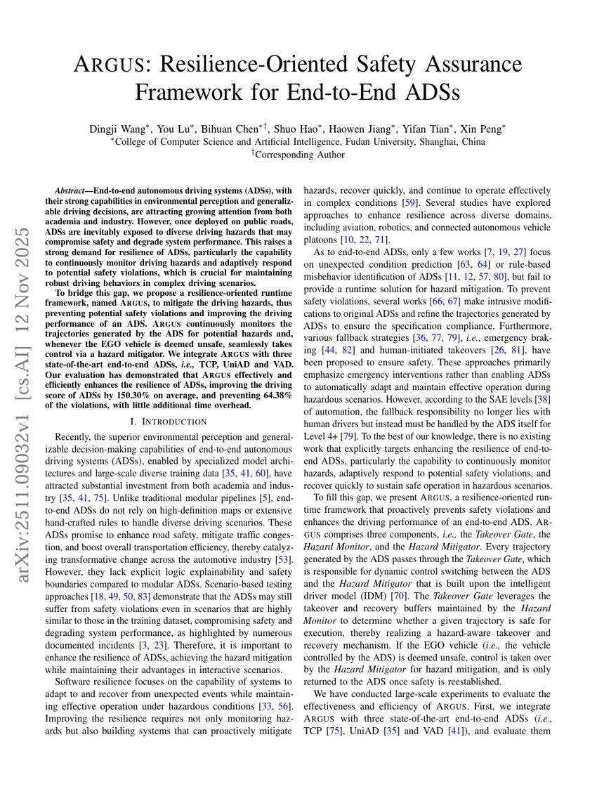 Argus：面向端到端ADS的韧性导向安全保证框架