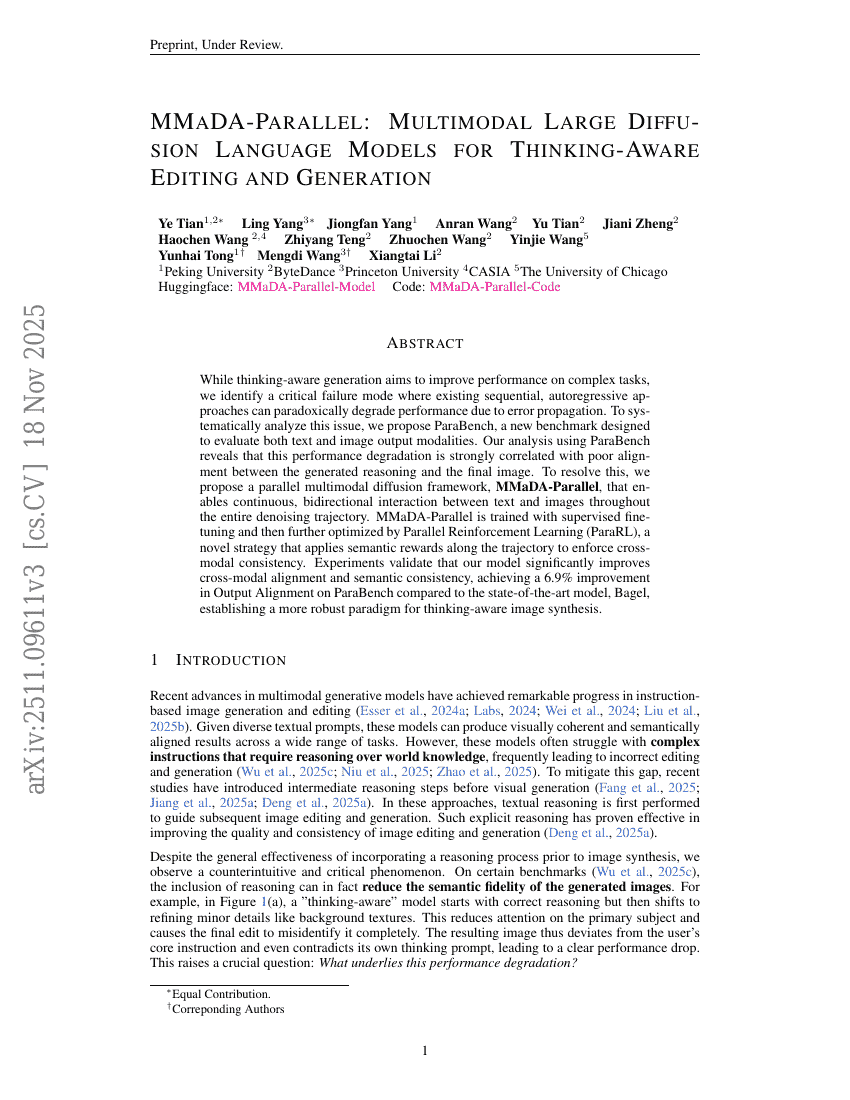 MMaDA-Parallel：面向思维感知编辑与生成的多模态大扩散语言模型