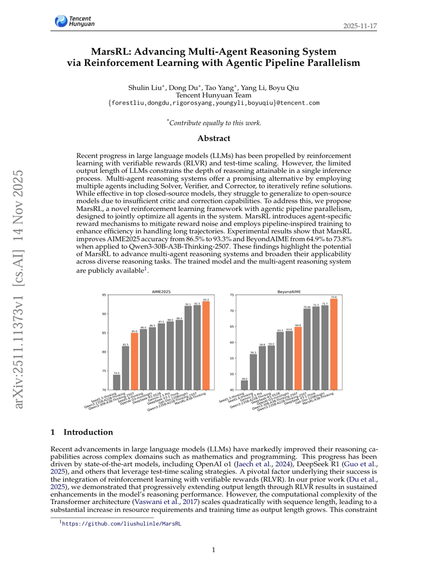 MarsRL：通过代理流水线并行化的强化学习推进多Agent推理系统