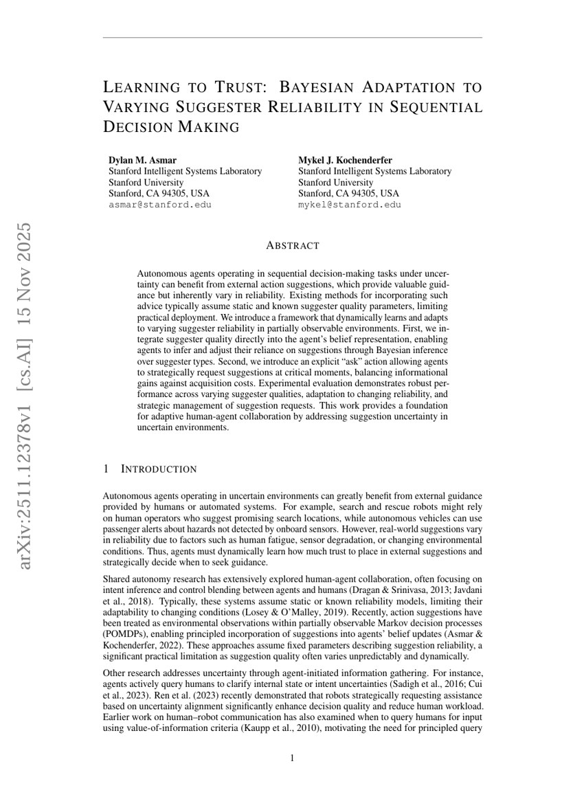 信任的学习：在序列决策中对不同建议者可靠性进行贝叶斯自适应
