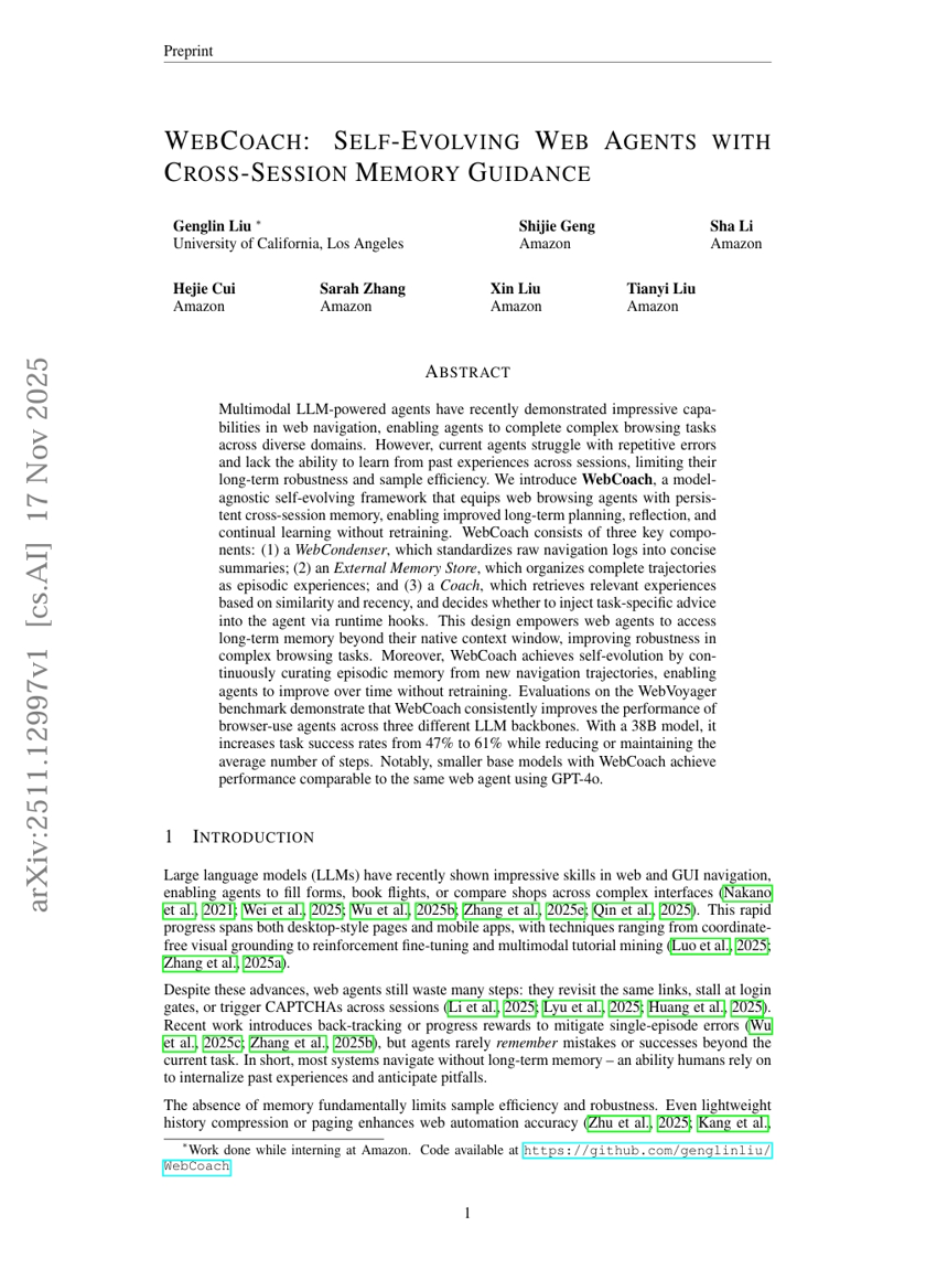 WebCoach：具有跨会话记忆引导的自演化Web Agent