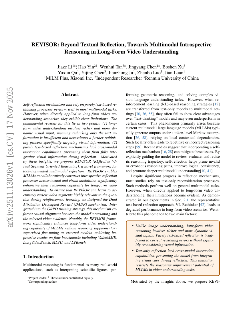 审稿人：超越文本反思，迈向长视频理解中的多模态内省推理