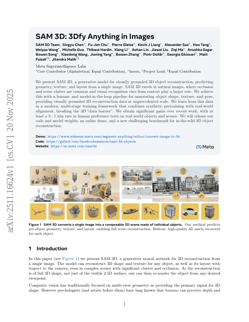 SAM 3D：将图像中的任意内容3D化