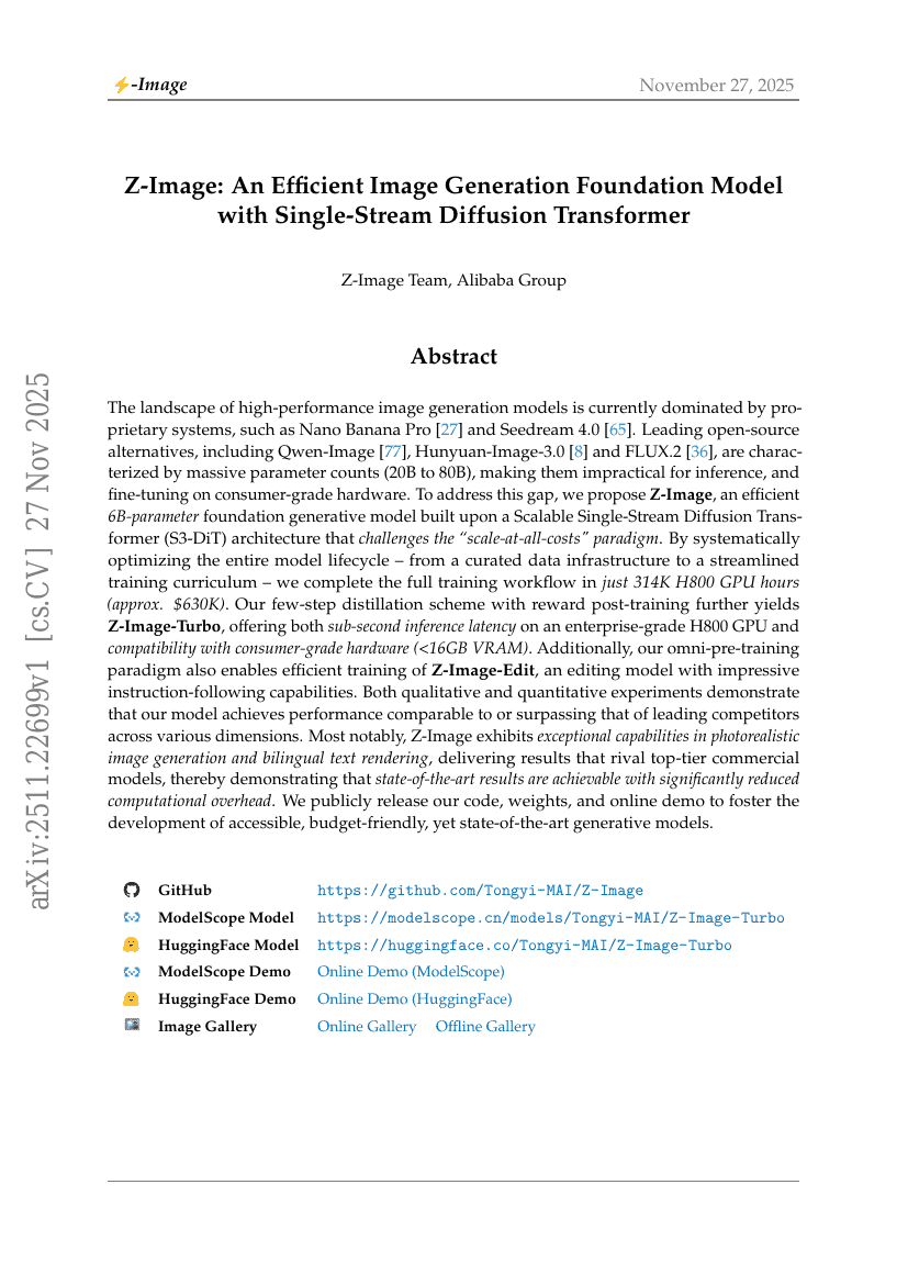 Z-Image: An Efficient Image Generation Foundation Model with Single-Stream Diffusion Transformer