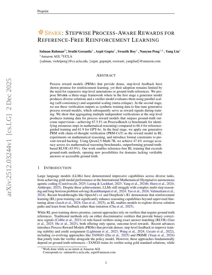 SPARK: Schrittweiser prozessbewusster Belohnungsansatz für referenzfreies Verstärkungslernen