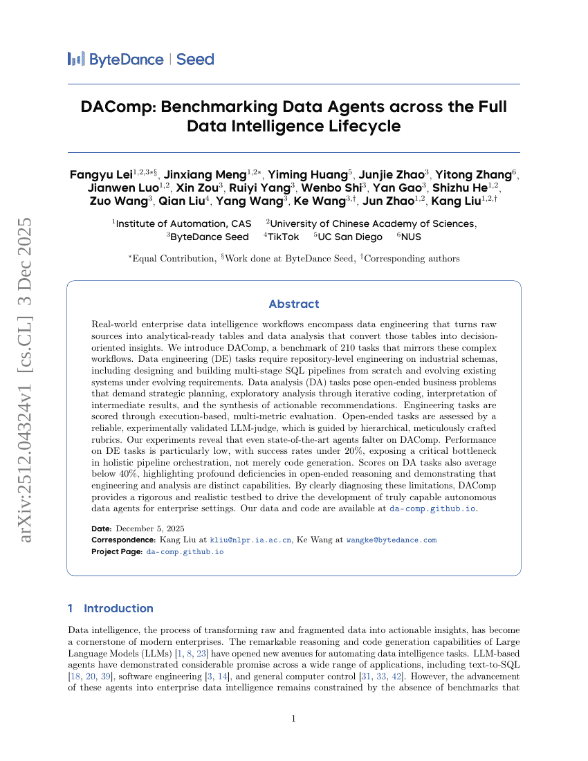 DAComp: Benchmarking von Data Agents über den gesamten Data Intelligence-Lebenszyklus