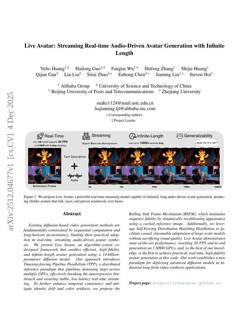 Live Avatar: Echtzeit-Audio-getriebene Avatar-Generierung mit unendlicher Länge