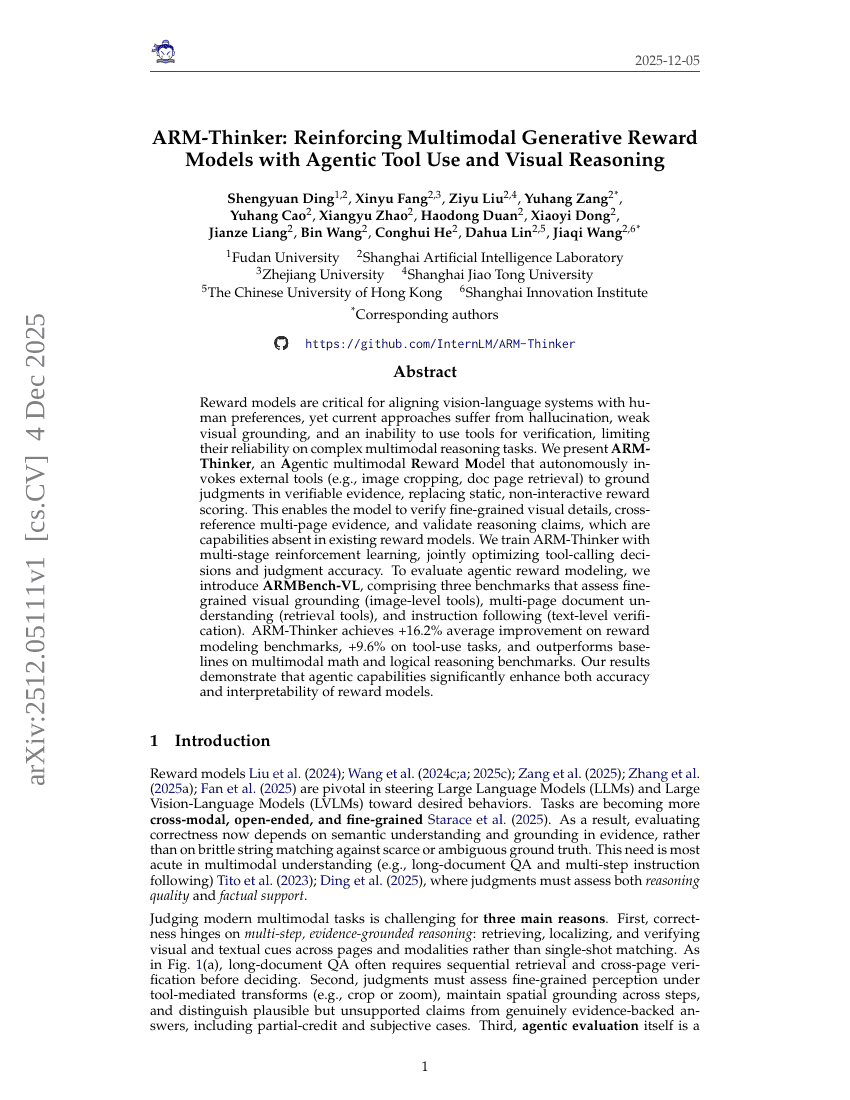 ARM-Thinker: Verstärkung multimodeller generativer Belohnungsmodelle durch agenteilen Werkzeugnutzung und visuelles Schlussfolgern