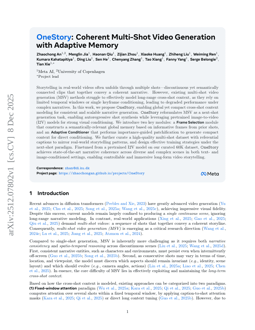 OneStory: Kohärente Multi-Shot-Videoerzeugung mit adaptivem Gedächtnis
