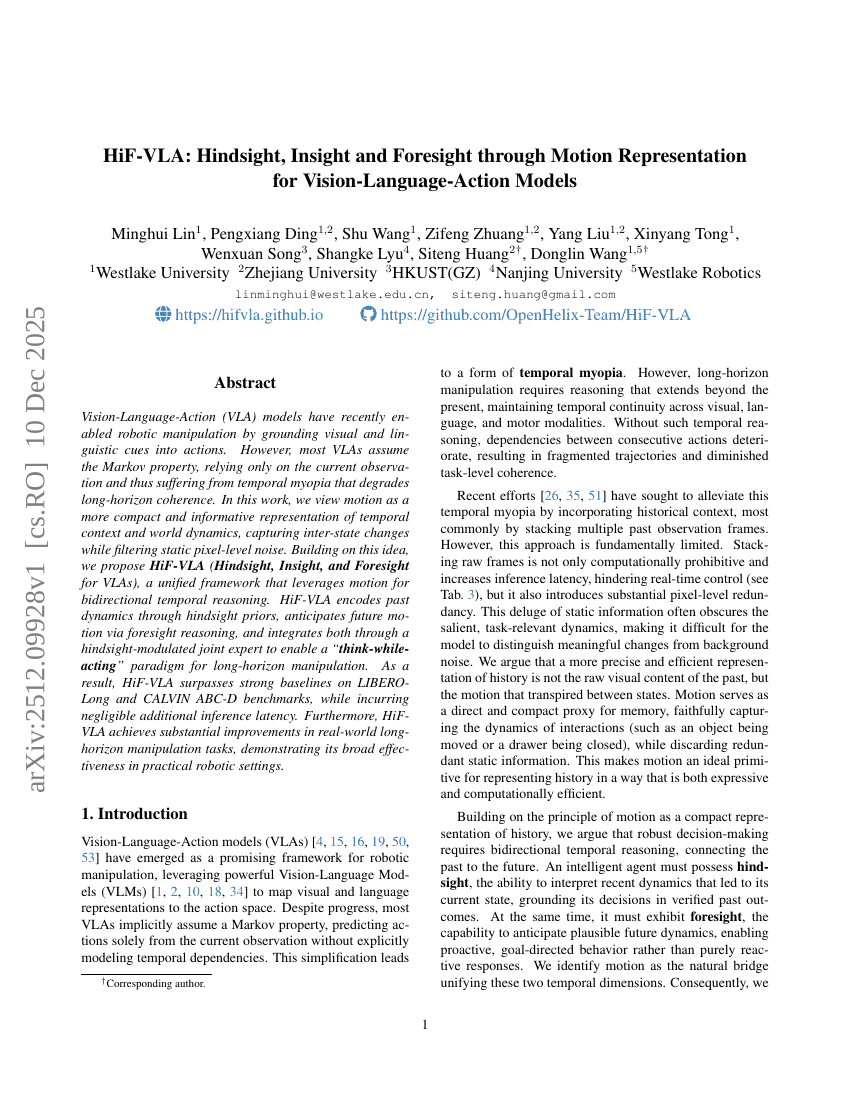 HiF-VLA: Hindsight, Insight und Foresight durch Motion-Representation für Vision-Language-Action-Modelle