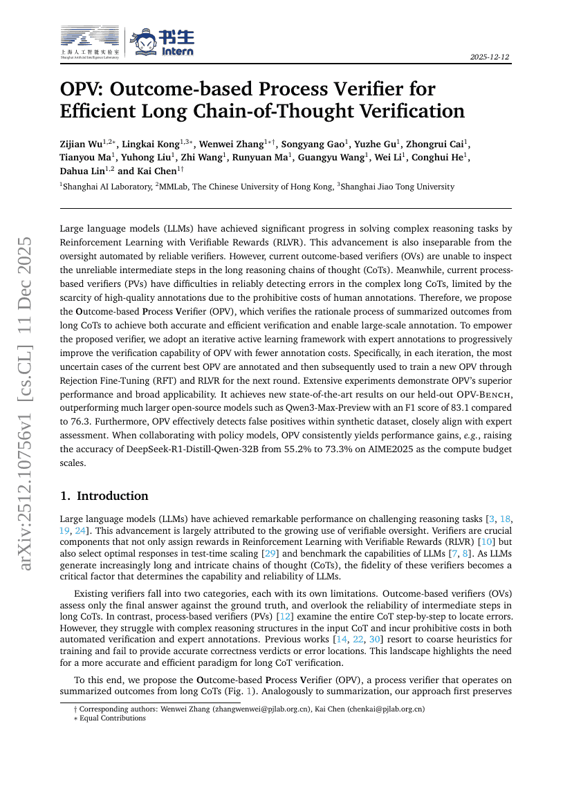 OPV : Vérificateur de Processus Axé sur les Résultats pour une Vérification Efficace des Chaînes Longues de Raisonnement