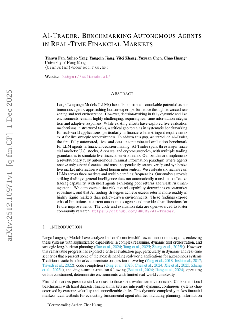 AI-Trader: Benchmarking Autonomous Agents in Real-Time Financial Markets