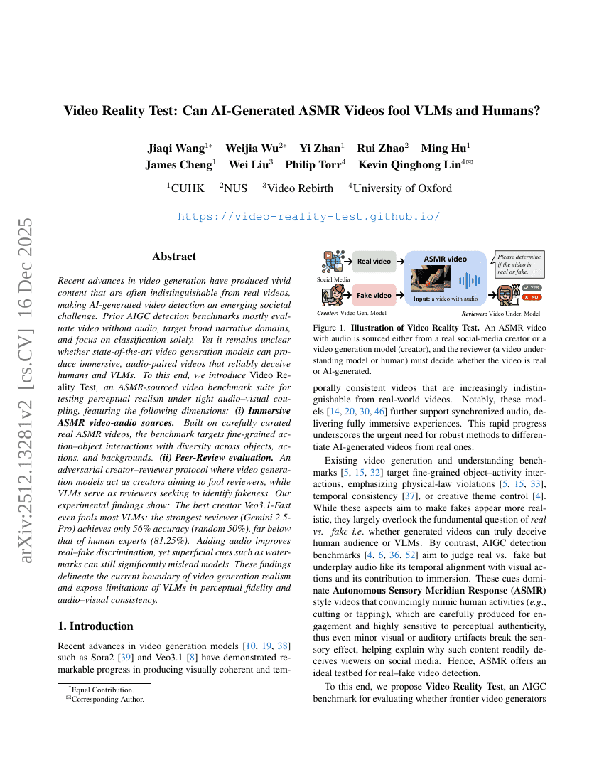 Video Reality Test: Can AI-Generated ASMR Videos fool VLMs and Humans?