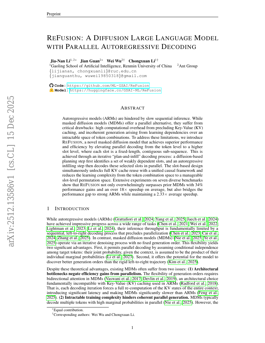 ReFusion: A Diffusion Large Language Model with Parallel Autoregressive Decoding