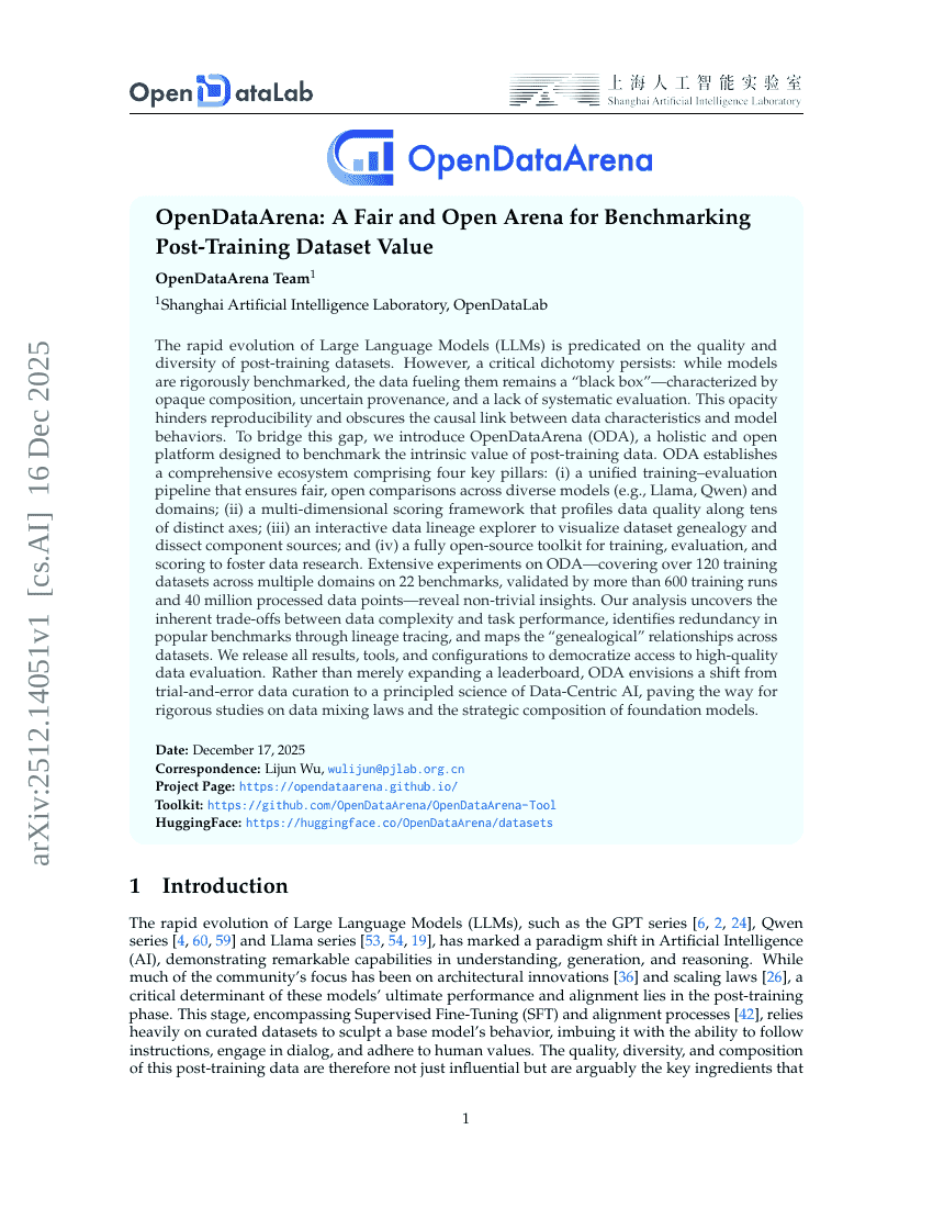 OpenDataArena: A Fair and Open Arena for Benchmarking Post-Training Dataset Value