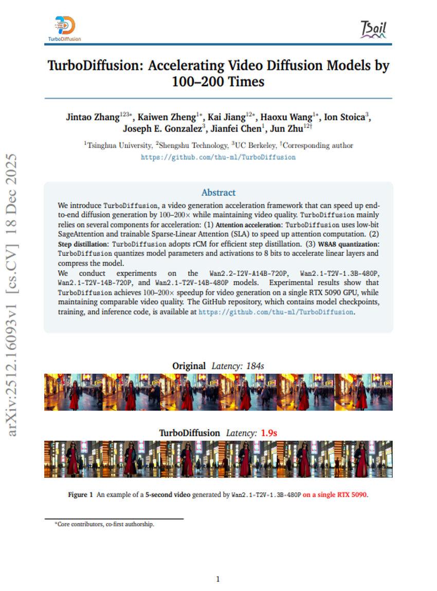 TurboDiffusion: Accelerating Video Diffusion Models by 100-200 Times