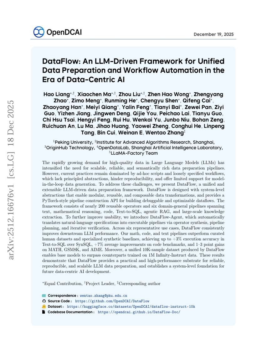 DataFlow：データ中心型AI時代における統一されたデータ準備およびワークフロー自動化を実現するLLM駆動型フレームワーク