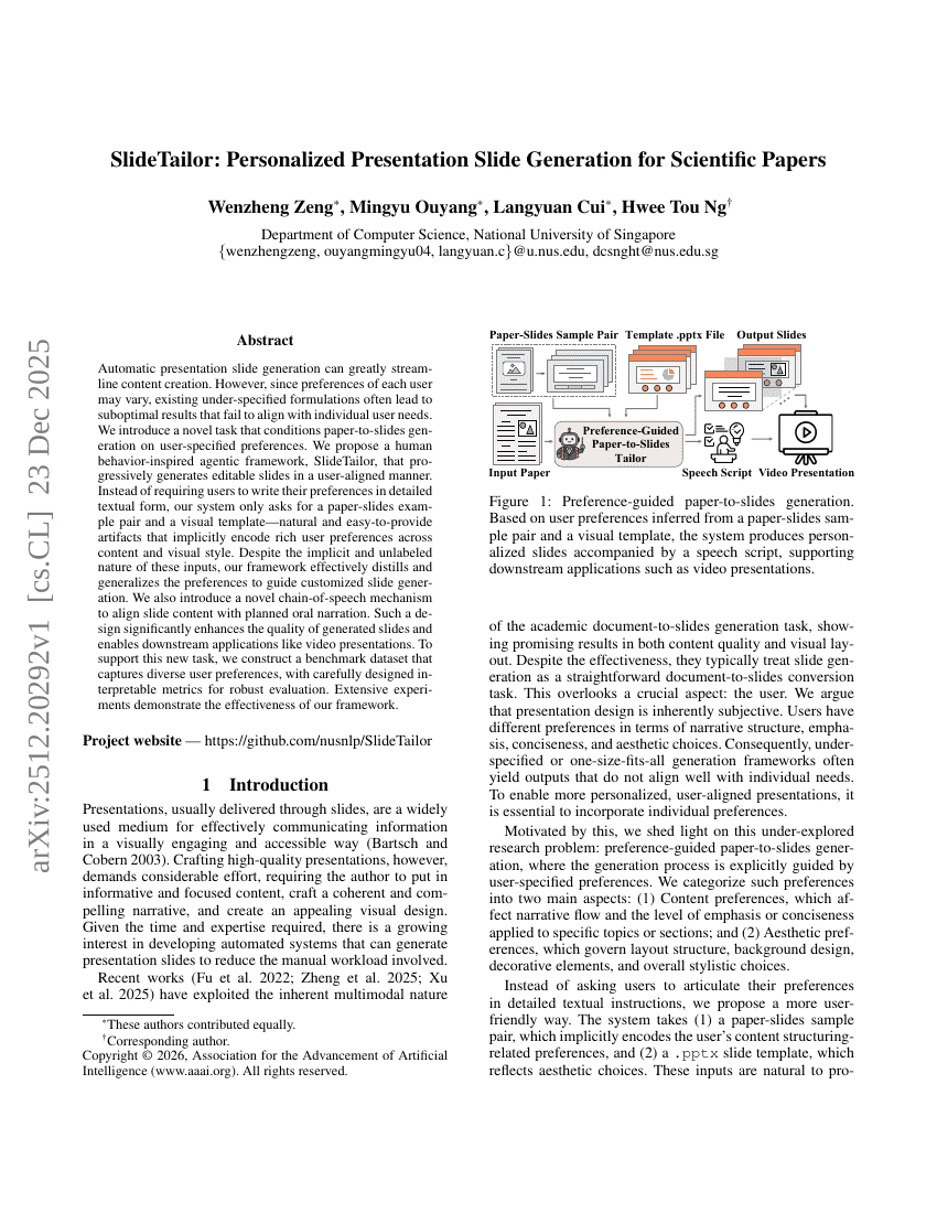 SlideTailor: Personalized Presentation Slide Generation for Scientific Papers