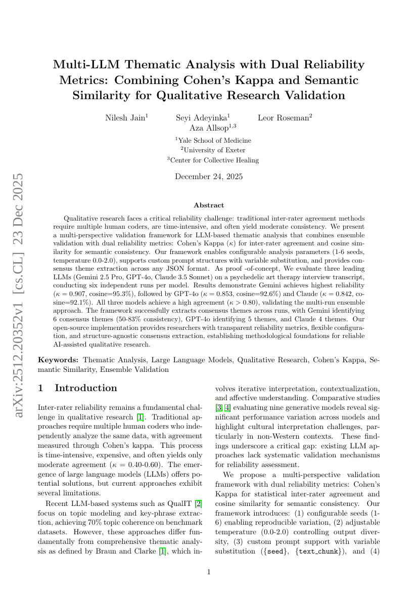 Multi-LLM Thematic Analysis with Dual Reliability Metrics: Combining Cohen's Kappa and Semantic Similarity for Qualitative Research Validation
