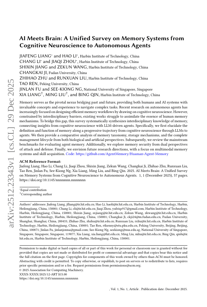 AI Meets Brain: Memory Systems from Cognitive Neuroscience to Autonomous Agents