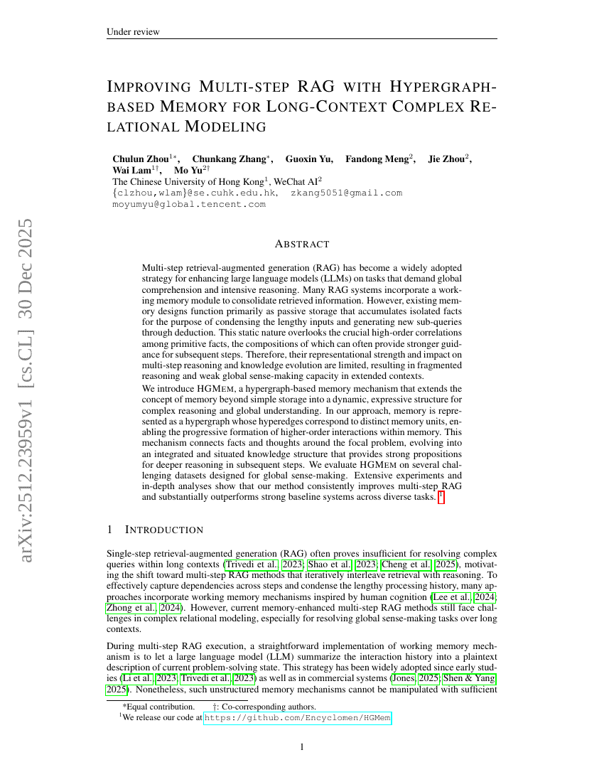 Improving Multi-step RAG with Hypergraph-based Memory for Long-Context Complex Relational Modeling