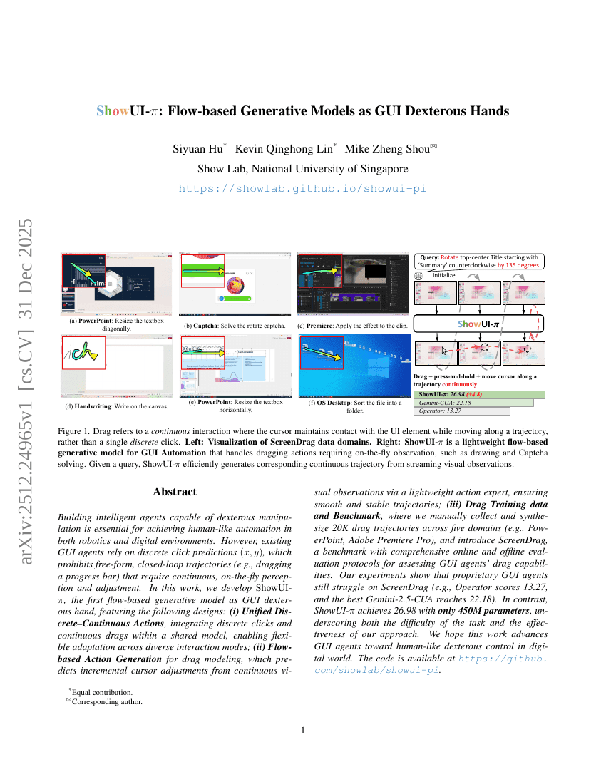 ShowUI-$π$ : Modèles génératifs basés sur les flux comme mains habiles GUI