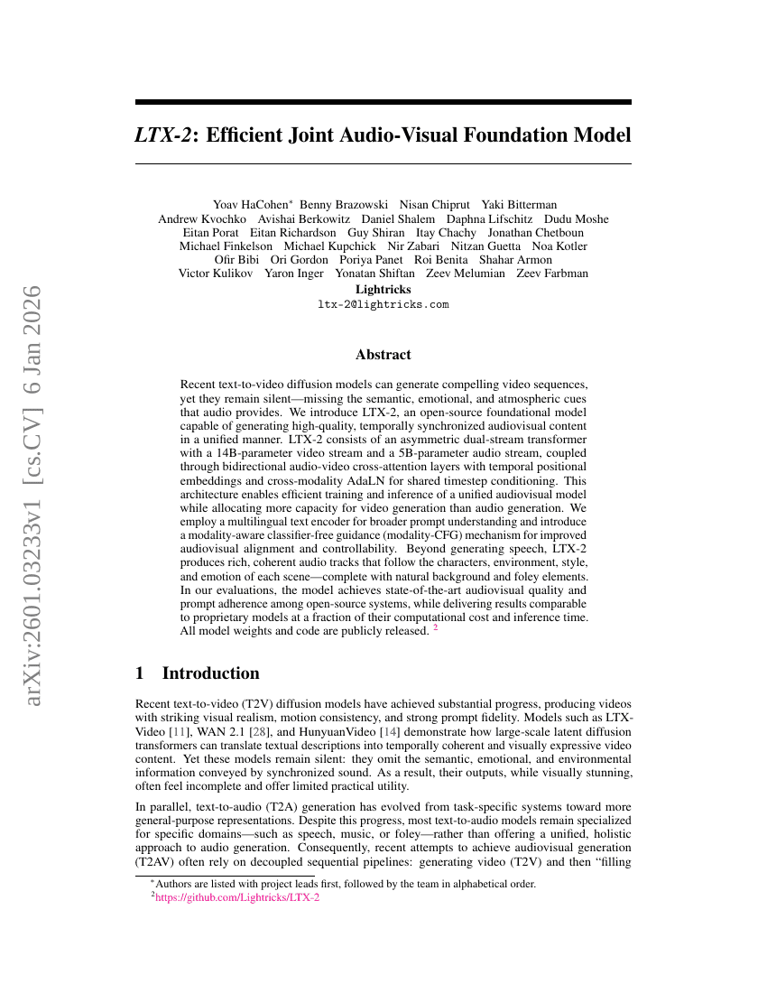 LTX-2: Efficient Joint Audio-Visual Foundation Model