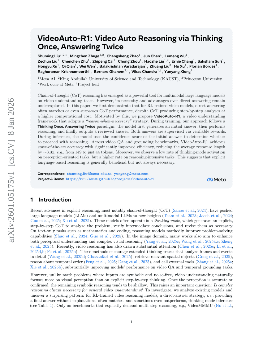VideoAuto-R1：通过一次思考，两次作答实现视频自动推理