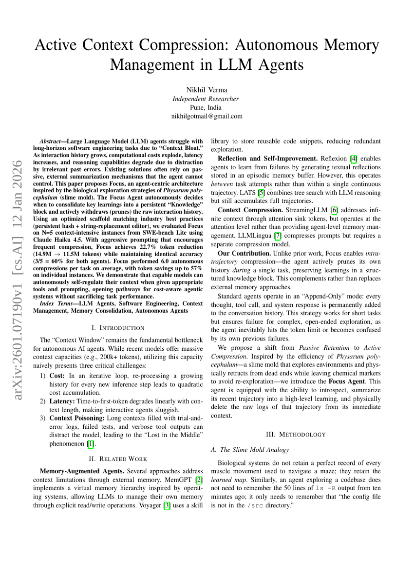 Active Context Compression: Autonomous Memory Management in LLM Agents