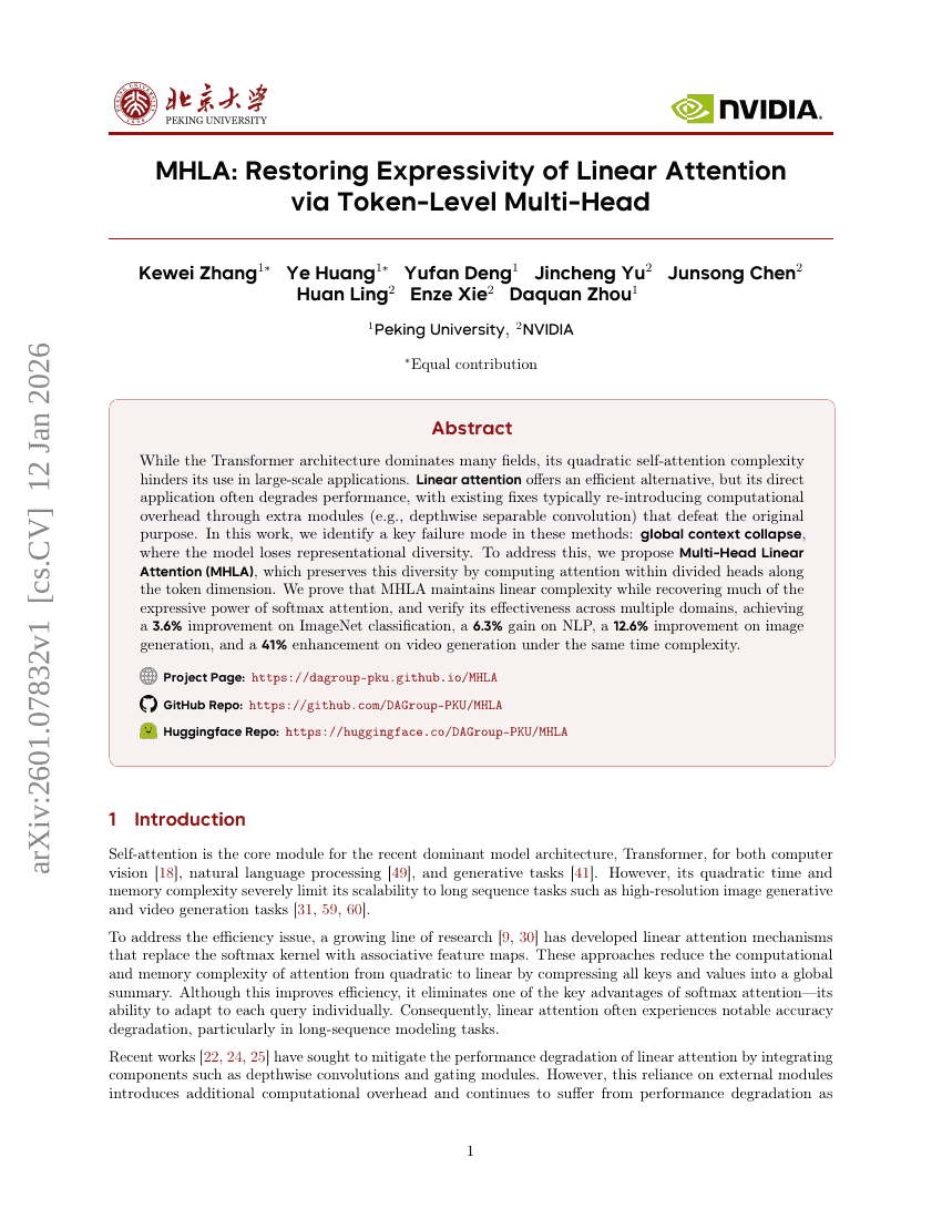 MHLA：通过Token级多头机制恢复线性注意力的表达能力